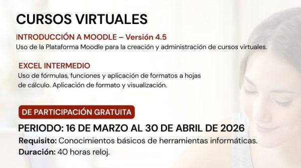 La Universidad Nacional de Asunción, a través del Centro de Estudios Virtuales de la UNA (CEVUNA), dependiente de la Dirección General Académica, organiza cursos de actualización dirigidos a docentes, gestores académicos y público en general, en el marco de la formación continua en modalidad virtual.
📚 Cursos disponibles:
🔹 Introducción a Moodle – Versión 4.5
Uso de la plataforma Moodle para la creación y administración de cursos virtuales.
🔹 Excel Intermedio
Uso de fórmulas, funciones y aplicación de formatos para la gestión y visualización de datos en hojas de cálculo.
⚠️ Cupos limitados
📲 Inscripciones: https://forms.gle/3JqRwp8m29QUakCU6
📧 Consultas: cevuna@rec.una.py
Apoya: Comisión Permanente INNOVA UNA